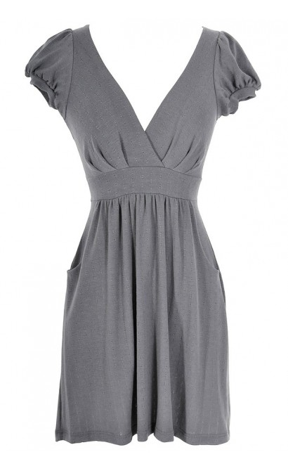 Capsleeve Pocket V Neck Dress in Grey